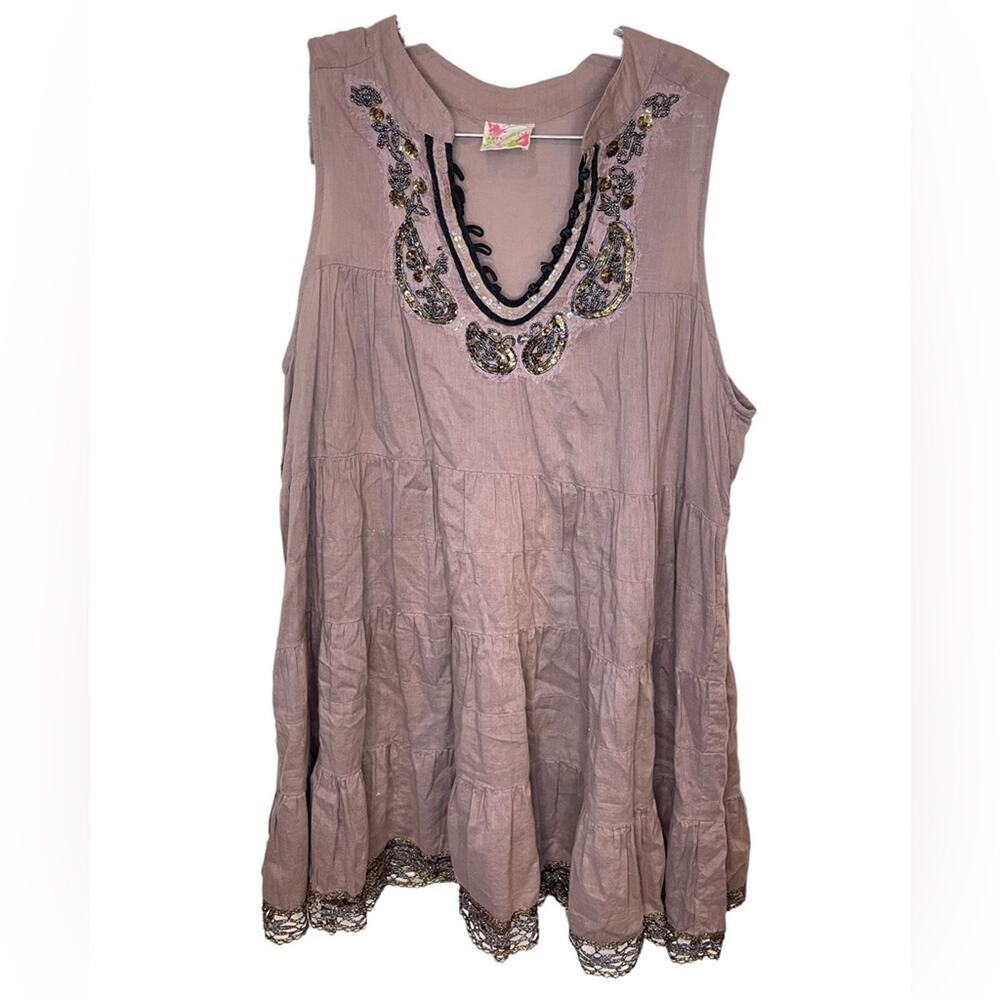 FREE PEOPLE Vintage Tiered Mauve Mini Dress Embroidered Sequins Size Small EUC - Picture 2 of 13